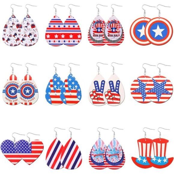 12-Pair Patriotic USA Flag Dangle Earring Set – 4th of July Themed American - Picture 1 of 6